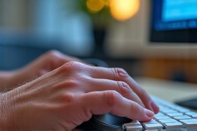 Persona mayor aprendiendo a usar el ratón y el teclado de un ordenador, con una guía visual clara.