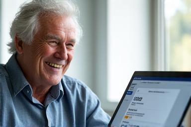 Adulto mayor sonriendo mientras envía un correo electrónico, con una interfaz de email clara y accesible.