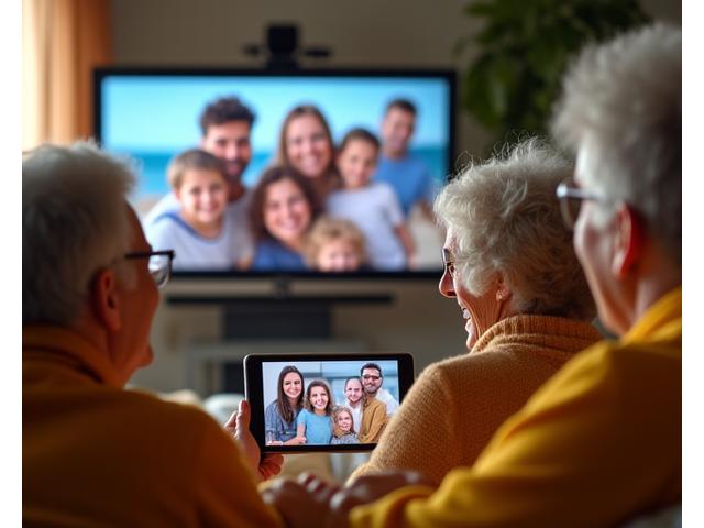 Grupo de personas mayores felices y sonrientes en una videollamada familiar, con un ambiente cálido y de conexión.