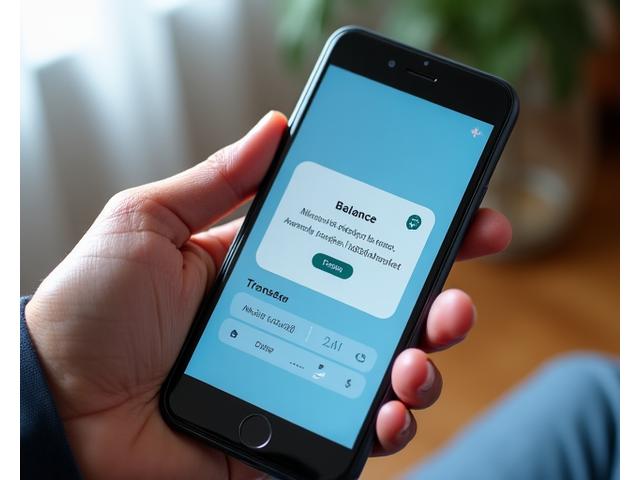 Manos de persona mayor usando un smartphone para banca online de forma segura, con una interfaz de la aplicación de banco clara y legible.
