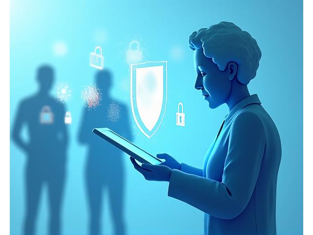 Ilustración visual de un escudo digital protegiendo a un usuario mayor que navega en internet, con símbolos de seguridad y candados.
