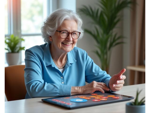 Un adulto mayor sonriente interactuando con una tablet, con texto grande y una interfaz clara, simbolizando la facilidad de aprendizaje.