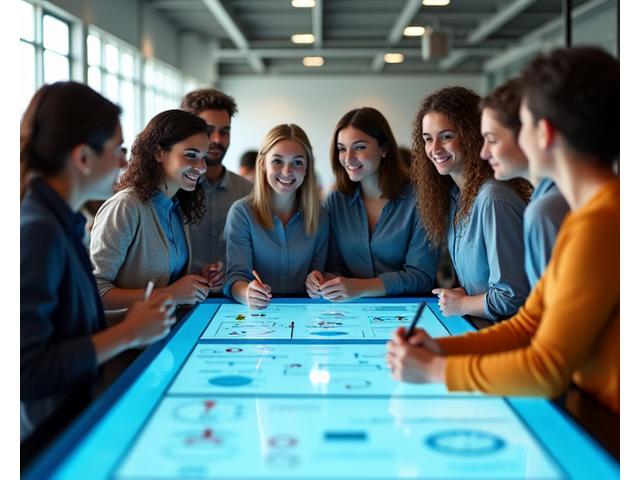 Profesional sonriente explicando en una pizarra digital interactiva, con estudiantes atentos.