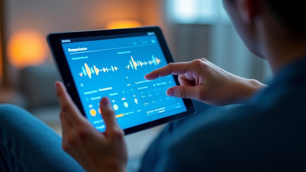 Persona usando una aplicación de aprendizaje de idiomas con gráficos de ondas de sonido y análisis de voz en una pantalla