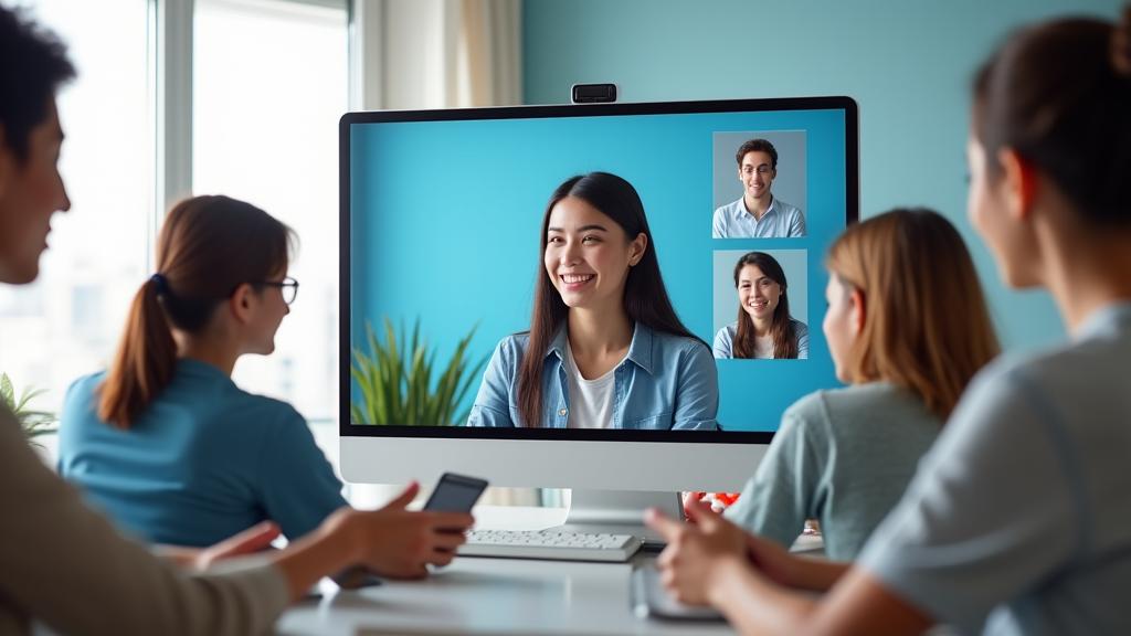 Grupo de estudiantes participando activamente en una clase de idiomas online con un profesor