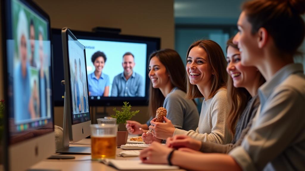 Grupo de personas participando en un evento cultural online, riendo y conversando