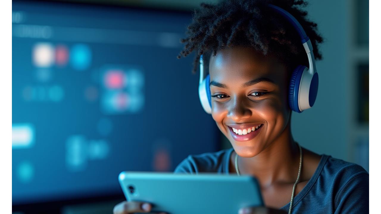 Estudiante feliz aprendiendo idiomas online con auriculares y tableta