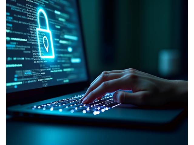 Mano escribiendo en un teclado con un candado digital proyectado, simbolizando ciberseguridad.
