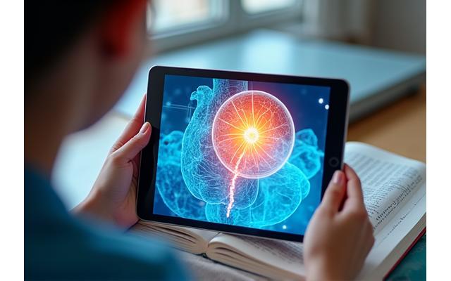 Estudiante utilizando una tableta con una superposición de AR mostrando un modelo 3D del cuerpo humano.