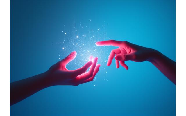 Manos tocando objetos virtuales con retroalimentación háptica visible.