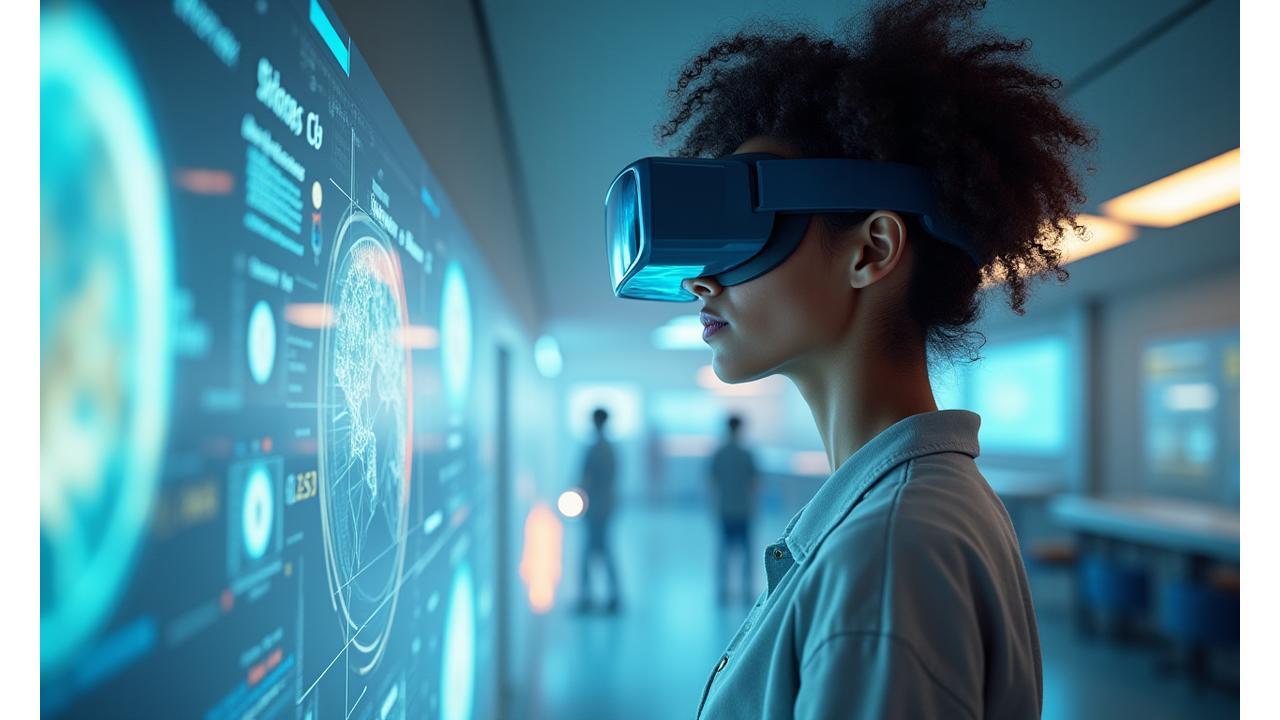 Estudiante usando gafas de VR y AR para una experiencia de aprendizaje inmersivo.