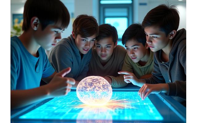 Grupo de estudiantes mirando una pantalla holográfica que proyecta un modelo 3D de una molécula.