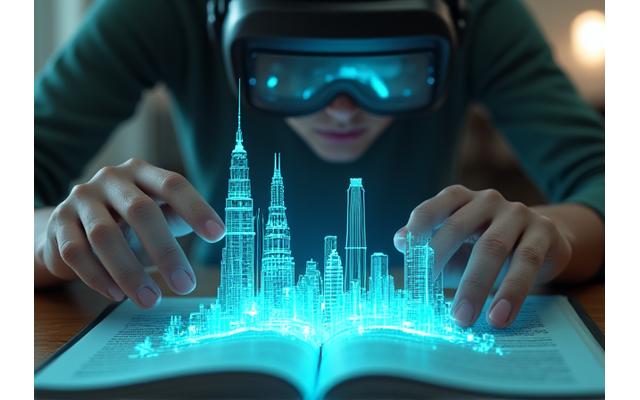 Estudiante interactuando con objetos holográficos en un entorno de realidad mixta.