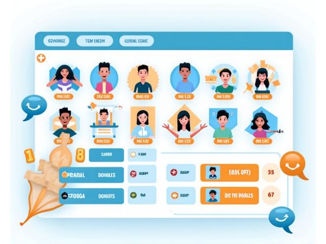 Interfaz de juego social con equipos, clasificaciones y herramientas de chat para colaboración.