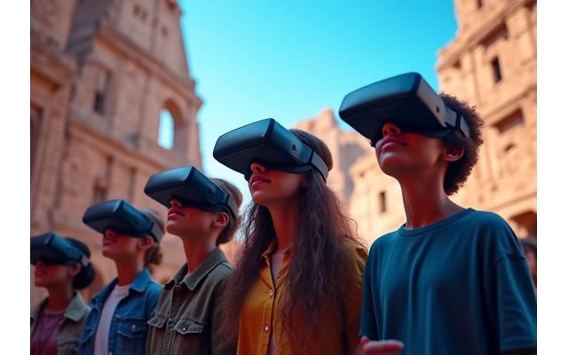 Grupo de estudiantes usando gafas de VR en una excursión virtual a un sitio antiguo.