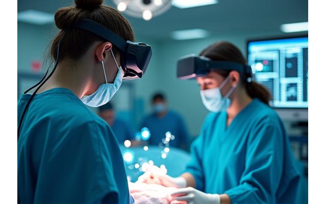 Simulación de RV para cirugía médica con un estudiante practicando en un entorno virtual.