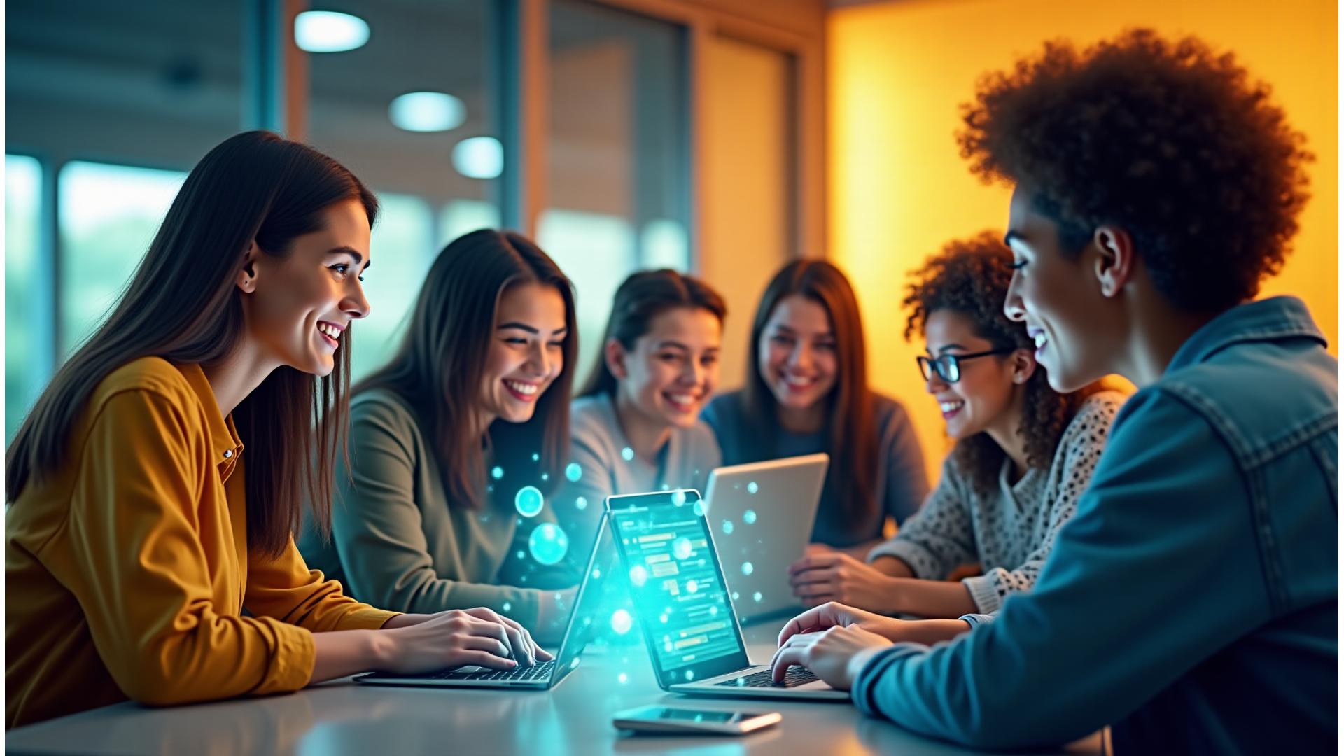 Grupo diverso de estudiantes conectados y sonrientes, con elementos de la interfaz de usuario de Aula Libre superpuestos, representando la educación online y la transformación profesional en un entorno moderno y vibrante