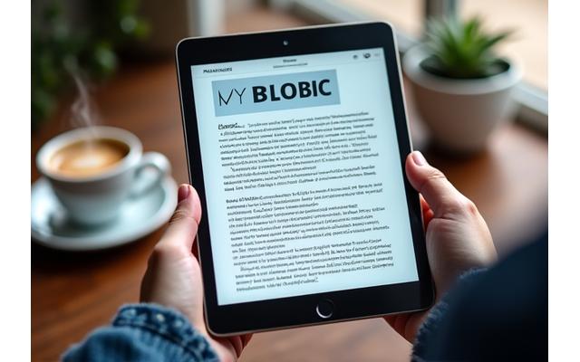 Persona leyendo un blog en una tablet, con elementos de texto y gráficos, simbolizando artículos de blog