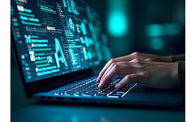 Manos trabajando en un teclado con proyecciones holográficas de iconos digitales, representando talleres de habilidades digitales