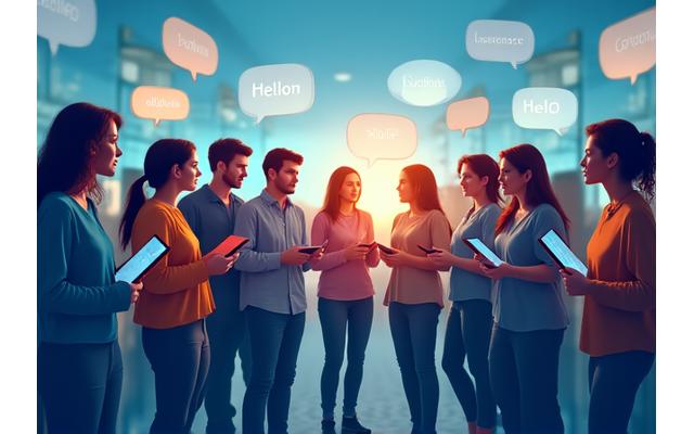 Grupo de personas interactuando en diferentes idiomas, con burbujas de diálogo y elementos de geolocalización, simbolizando cursos de idiomas online