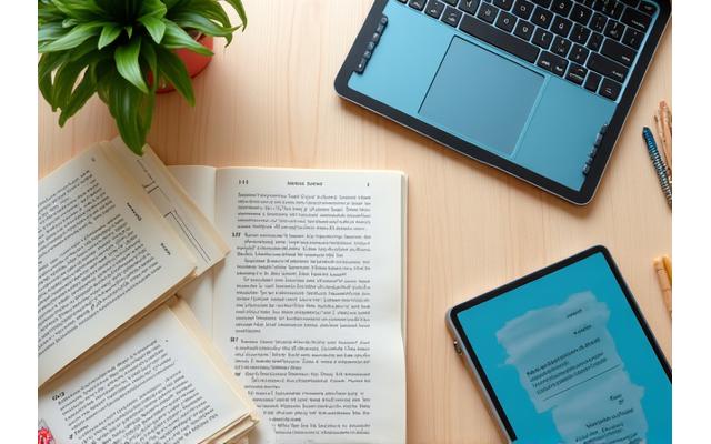 Imagen de libros abiertos y dispositivos digitales, simbolizando recursos educativos libres y accesibles