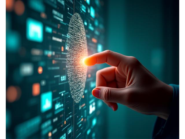 Gráficos abstractos que representan IA y análisis de datos, con una mano tocando una pantalla interactiva, simbolizando la rápida adquisición de habilidades tecnológicas.