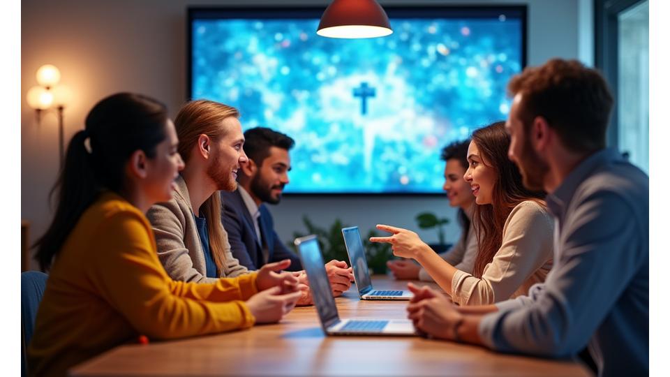 Grupo diverso de personas colaborando alrededor de un ordenador, simbolizando la co-creación y comunidad.