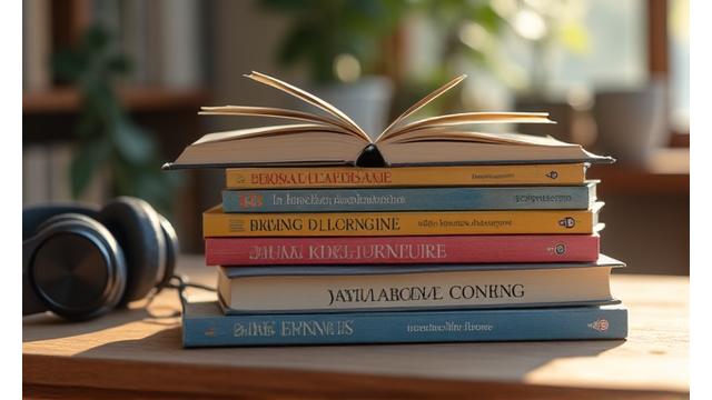 Libros y auriculares, representando el aprendizaje de idiomas.