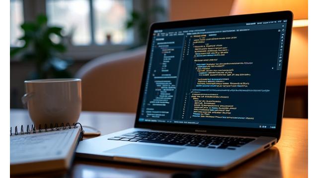 Código de programación en una pantalla de ordenador y un cuaderno.