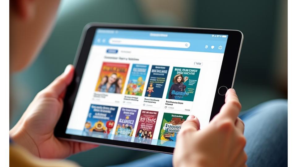 Estudiante usando un tablet con una interfaz de búsqueda de recursos educativos abiertos.