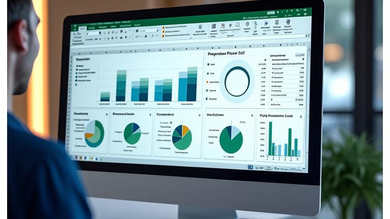 Gráficos de Excel complejos mostrando tablas dinámicas y visualizaciones de datos.