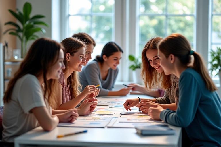 Grupo de personas colaborando intensamente en un ambiente de taller moderno con pantallas y pizarras.