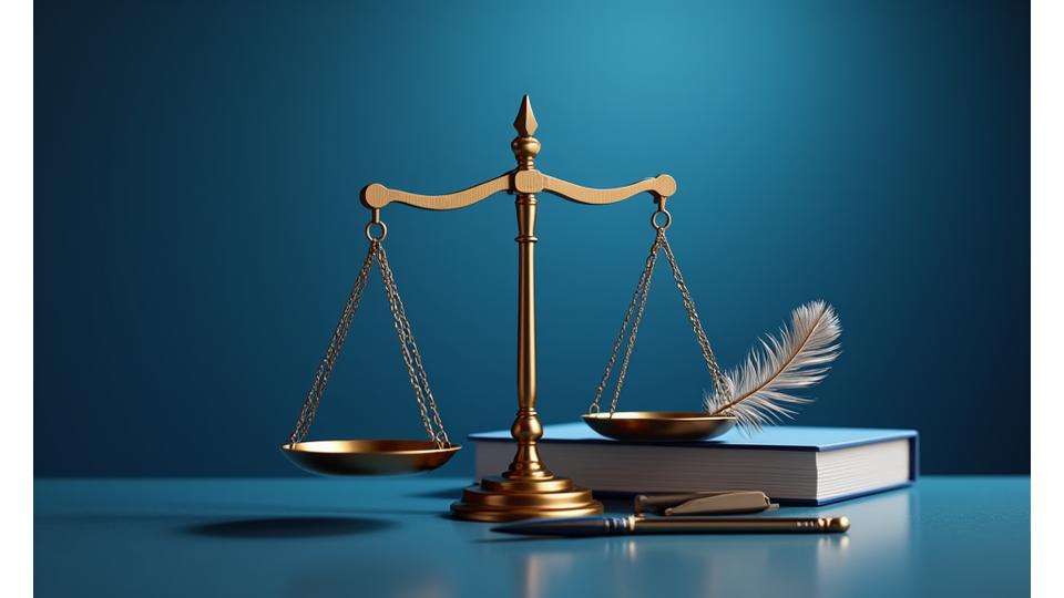 Representación de balanza de la justicia con libros y un documento digital, simbolizando equidad y resolución legal.