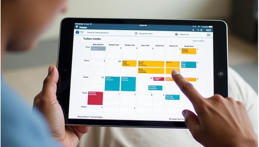 Calendario interactivo en una pantalla mostrando franjas horarias disponibles para tutorías, con la opción de arrastrar y soltar para programar. Gráfico claro y moderno.
