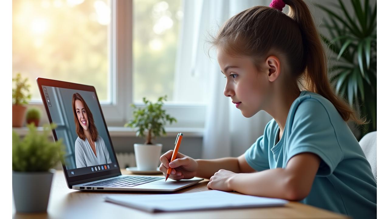 Estudiante concentrado recibiendo tutoría online personalizada con un tutor sonriente en una pantalla, mostrando una interacción de aprendizaje fluida.