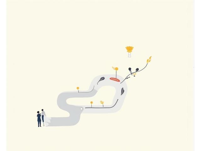 Diagrama de un plan de estudios personalizado mostrando un camino de aprendizaje ramificado con hitos y objetivos, ilustrando flexibilidad y adaptación. Predominan los colores de la marca.